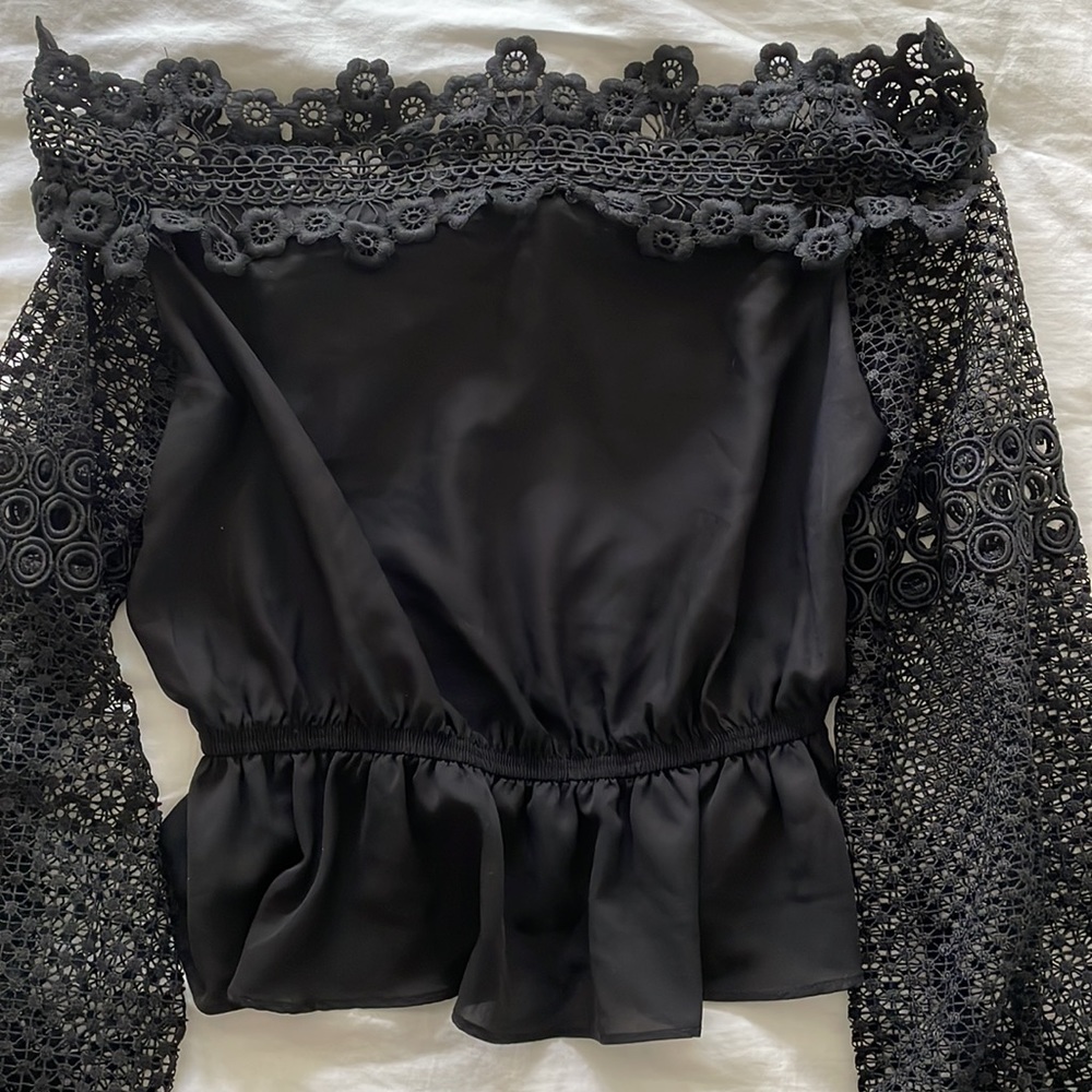 Aqua Black Off-Shoulder Lace Cinched Top